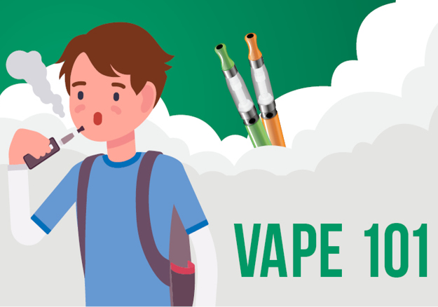 "Vape 101." A teen smoking a vape. Vape smoke clouds in the air. Vape pens.louds in the